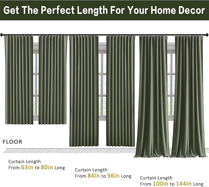 102 Inch Long Linen Blended Blackout Curtains 2 Panels, Back Tab Pleated Look Drapes for Track System with Hooks, Noise Reducing Country Blackout Winodw Curtains 50x102-Loden/Olive Green-HomvellaHome