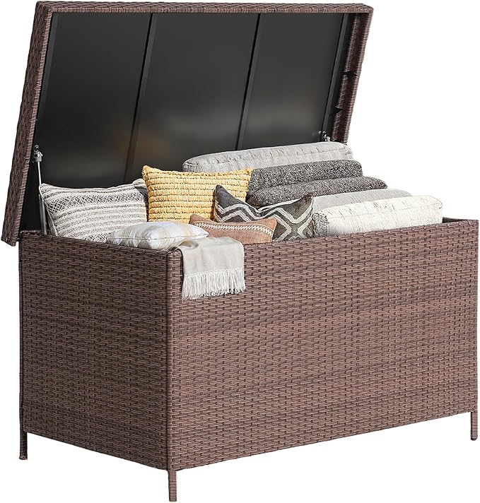 158 Gallon XL Deck Box with Lid, All Weather Wicker Outdoor Storage Box Waterproof, Large Outdoor Patio Storage Bin for Cushions, Garden Tools, Gears, Pool Accessories, Brown-HomvellaHome