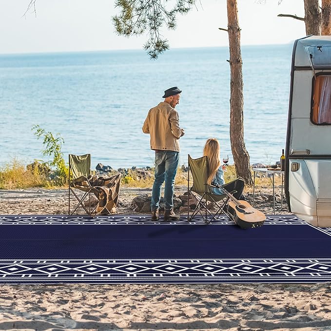 GENIMO Outdoor Rug Waterproof Area 10'x14' for Patio, Foldable Reversible Plastic Straw Carpet for Travel Trailers, Outside Mat for Rv, Deck, Picnic, Porch, Camper, Balcony, Beach, Blue & White-HomvellaHome