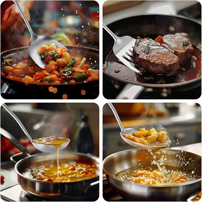 15" Wok Spatula and Ladle,Skimmer Spoon, Slotted Turner Spatula,304 Stainlss Steel Matte Kitchen Utensils Set,4PCS Wok Accessories,Cooking Utensils Tools-HomvellaHome