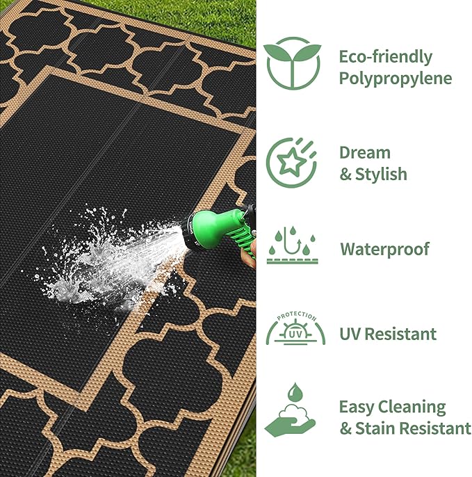 GENIMO 5' x 8' Outdoor Rug Waterproof for Patio Decor, Foldable Reversible Plastic Straw Area Rugs Mat for Camper, Outside Carpet for Rv, Deck, Porch, Picnic, Beach, Balcony, Black & Brown-HomvellaHome