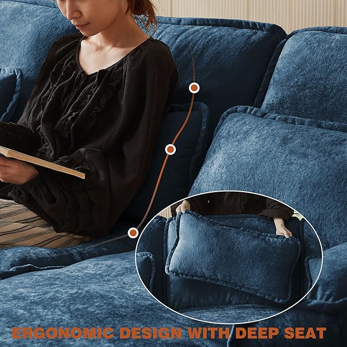 113" Oversized Cloud Couch, U Shape Sectional 4 Seat Sofa with Double Chaises, 2 Layer Cusions, Deep Seat Comfy Sofa, Upholstery Chenille Fabric for Living Room, Blue-HomvellaHome