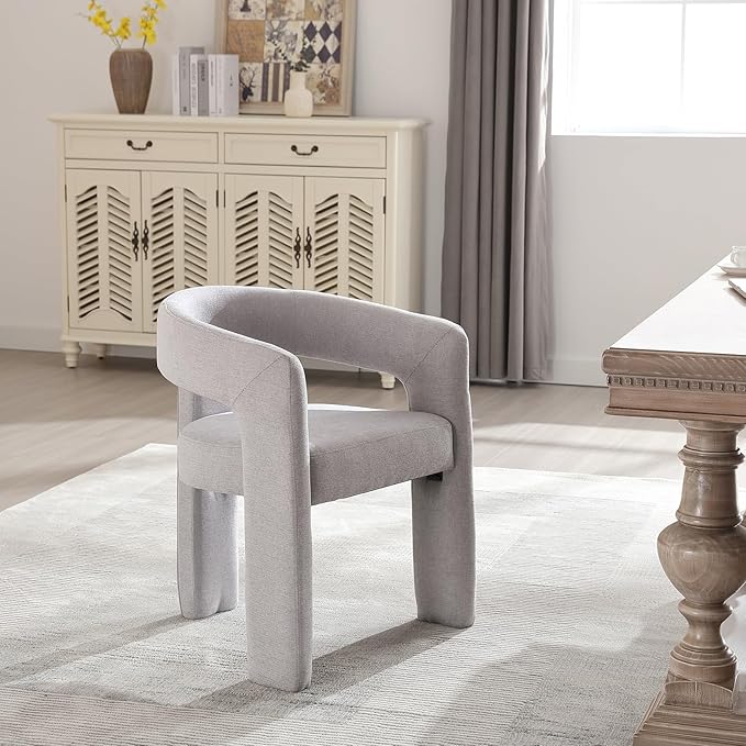 Grey Chenille Dining Chairs Set of 2, Modern Barrel Dining Room Chairs Upholstered Faux Fur Accent Chair with Arms and Round Back for Living Room Kitchen Armchair No Assembly Needed-HomvellaHome