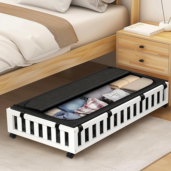 2 Pack Bamboo Under Bed Storage with Wheels, 39”x20”x7.8” Lager Under Bed Storage Containers (White)-HomvellaHome