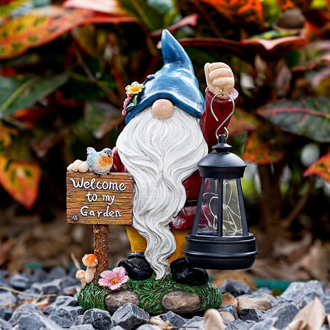 Garden Gnome Statues Figurine Lights - Solar Powered Lighting Outdoor Decorations with Lantern & Welcome Sign, Yard Art Lawn Ornaments for Porch Patio Balcony - Gnome Gifts for Women Mom-HomvellaHome