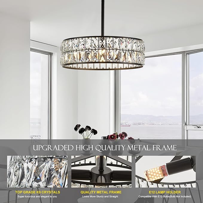 16” 4-Light Modern Crystal Chandeliers Black Dinning Room Light Fixture with Two Rods, Round Pendant Light Kitchen Island Chandelier, Flush Mount Ceiling Light for Living Room Entryway-HomvellaHome