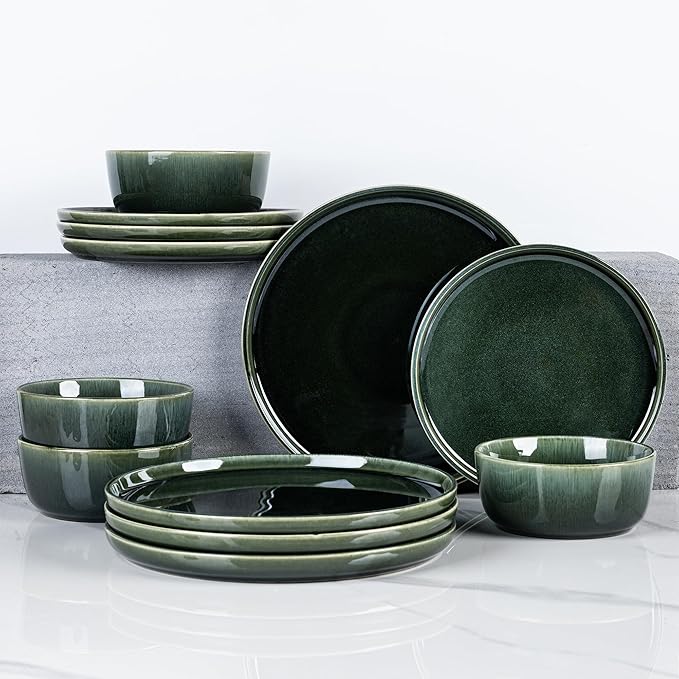 GBHOME Ceramic Dinnerware Sets for 6, 18 Pieces Stoneware Plates and Bowls Sets, Reactive Glaze Dishes -Scratch Resistant, Dishwasher&Microwave Safe, Earth Green-HomvellaHome
