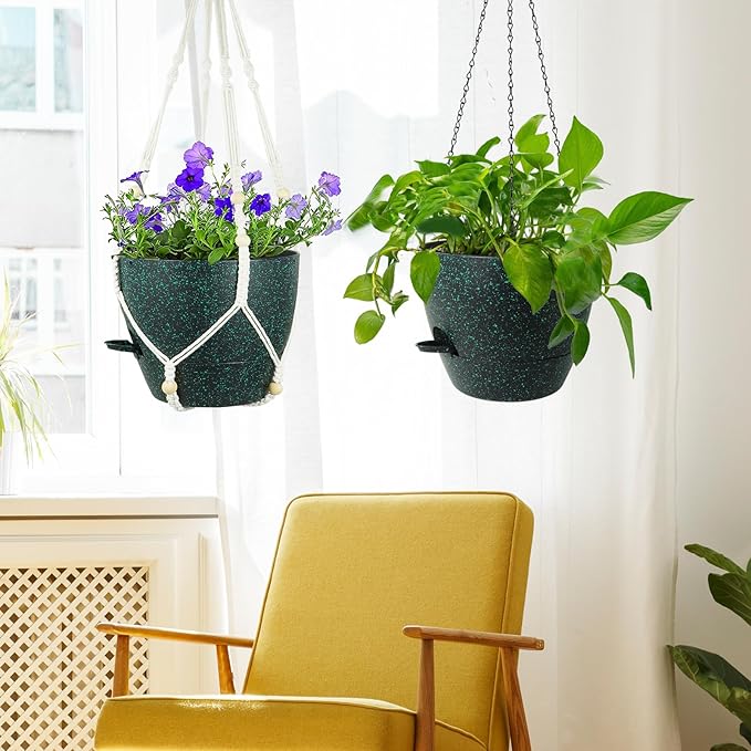 10 inch Self Watering Hanging Planters, 2 Pack Hanging Flower Pots for Indoor Outdoor Plants, Hanging Baskets with Drainage Holes & 2 Kinds of Plant Hangers for Home Decor, Speckled Black-HomvellaHome