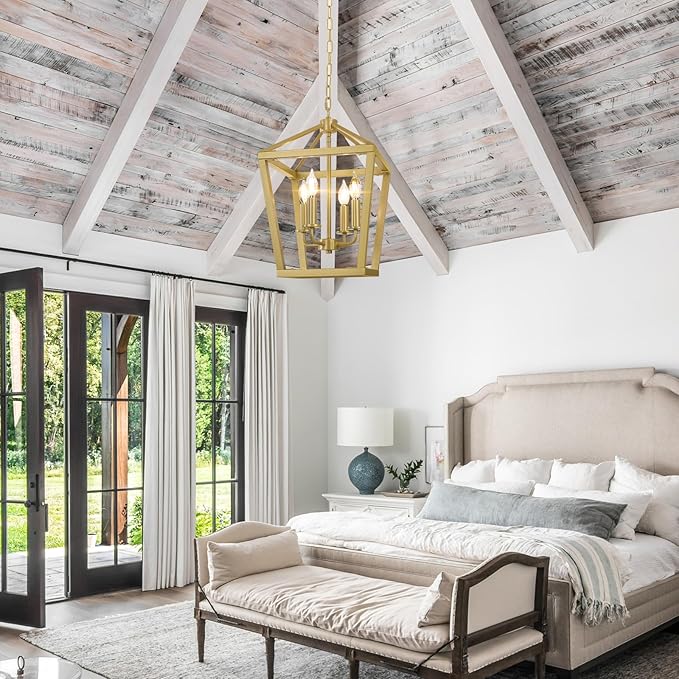 Gold Chandelier 4-Light, Farmhouse Pendant Light Fixture Adjustable Height, Modern Dining Room Light Fixture, Lantern Ceiling Hanging Lighting with Metal Cage for Kitchen Island Entryway Foyer-HomvellaHome