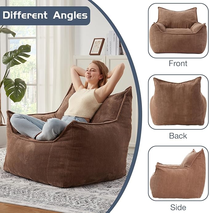 Giant Bean Bag Chair Sofa for Adults Teens, Comfy Corduroy Large Bean Bag Chairs with Armrests for Bedroom Living Room, Adult BeanBag Lazy Sofa Couch Chairs with Filler Included-HomvellaHome