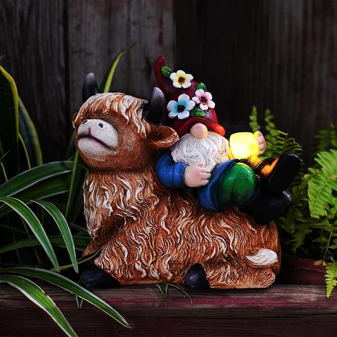 Garden Gnomes Decor Outdoor Statues Gnome on Highland Cow Hold Solar Cup Light Outdoor Decorations for Patio,Yard and Gift for Mom-HomvellaHome
