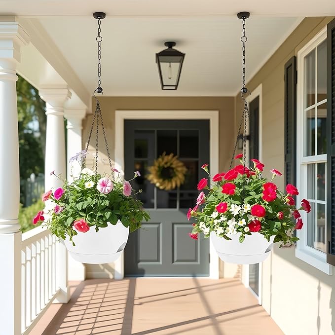 2 Pack 12 Inch Large Hanging Planters with Chains Self Watering White Plastic Hanging Pots for Indoor Outdoor Plants, Garden Porch Home Decor,White-HomvellaHome