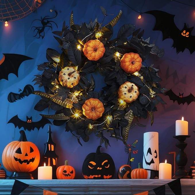 GarveeHome Halloween Wreath for Front Door, 18 Inch Fall Wreath with Pumpkins and Maple Leaves for Indoor Outdoor Wall Window Porch Patio Garden Farmhouse Home Party Prom Decoration-HomvellaHome