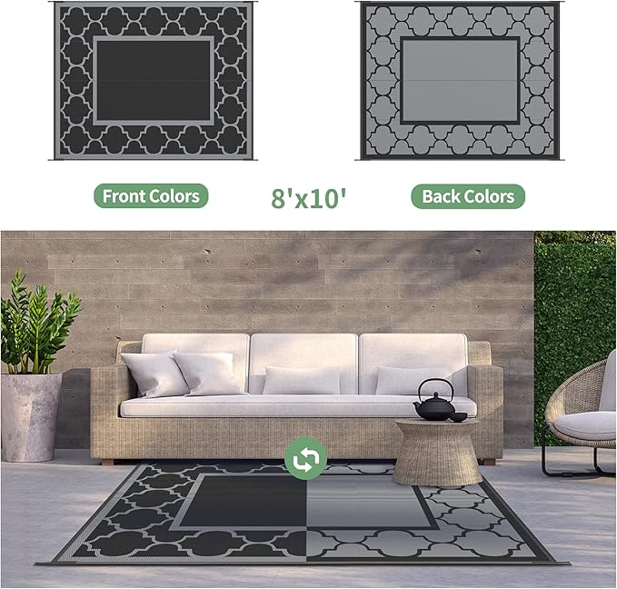 GENIMO 8' x 10' Outdoor Rug Patio Waterproof, Reversible Plastic Straw Area Rugs Mat for Camper Decor, Outside Carpet for Camping, Rv, Deck, Porch, Picnic, Beach, Balcony, Black & Grey-HomvellaHome