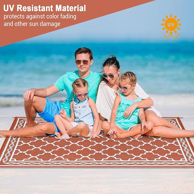 GAOMON Outdoor Plastic Straw Rug, 10'x14' Reversible Sage Green Patio Mat, Flower Modern Design for RV, Backyard, Deck, Camping, Picnic, Orange/White(Geometric)-HomvellaHome