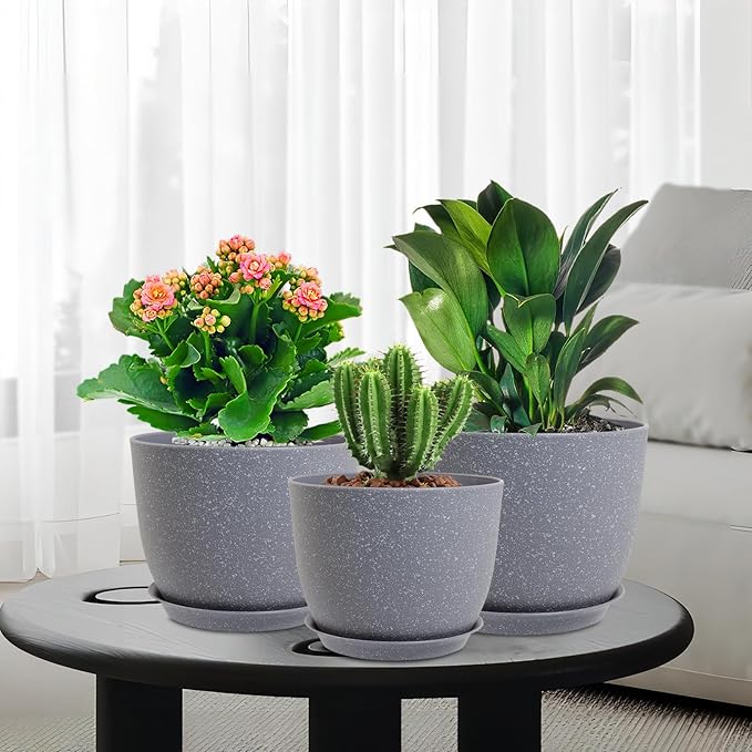 12/10/9 inch Large Plant Pots, 3 Pack Modern Decorative Plastic Planters with Drainage Holes and Saucer for House Garden Plants, Flower Pots for Indoor Outdoor Plants, Speckled Grey-HomvellaHome