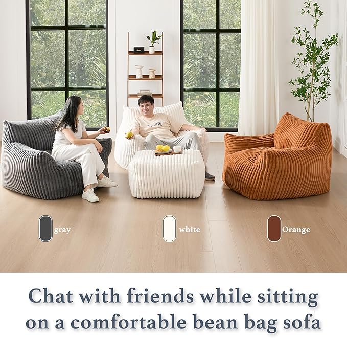 Giant Plush Bean Bag Chair for Adults with Armrests - Oversized Comfy Beige Beanbag Lounge Lazy Floor Sofa Accent Chair for Living Room, Bedroom & Dorm, Cozy Fluffy Single Cloud Mini Couch-HomvellaHome