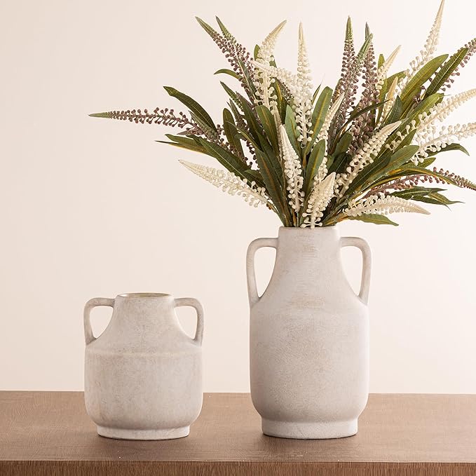 Mitt&Ditt Ceramic Flower Vase with Handles, 8 inch Tall Off-White Vase, Decorative Terracotta Vases, Farmhouse Rustic Pottery Vases for Home Decor, Living Room, Table-HomvellaHome