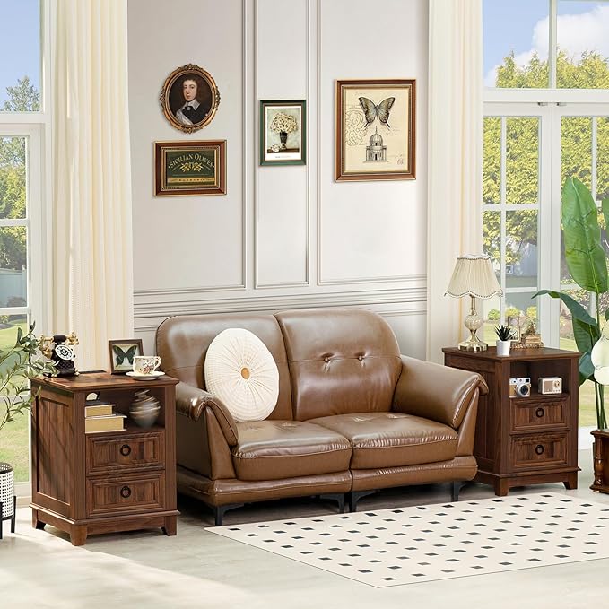 18" Farmhouse Night Stand with Charging Station, 2 Drawers End Table Dresser for Bedroom, Brown Wooden Nightstand, Bed Side Table with Open Shelf, Bedside Cabinet for Living Room, Closet-HomvellaHome