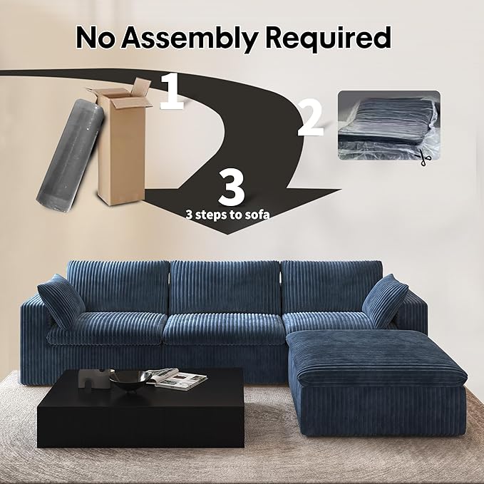 118" L Shaped Modern Sofa Modular Sectional Cloud Couch with Ottoman,Deep Seat Upholstered Couches with Plush Corduroy Fabric for Living Room Furniture,Bedroom and Apartment,No Assembly Required,Blue-HomvellaHome