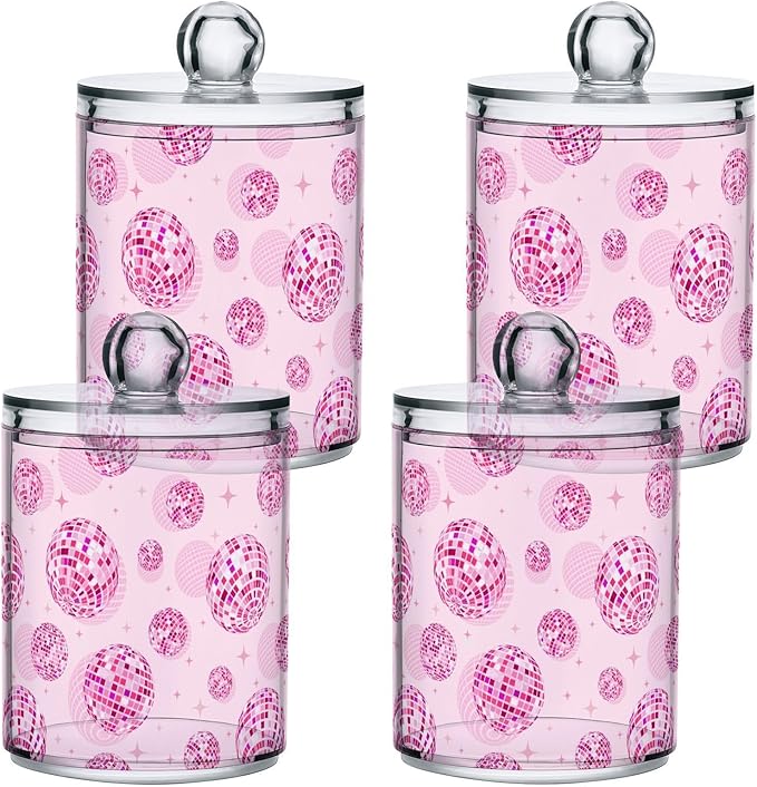 2 Pack Qtip Holder Organizer Dispenser Disco Balls Pink Bathroom Storage Canister Cotton Ball Holder Container for Cotton Pads/Swabs/Floss-HomvellaHome