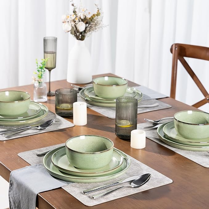 GBHOME Ceramic Dinnerware Sets for 8, 24 Pieces Stoneware Plates and Bowls Sets, Scratch Resistant Dishes, Dishwasher & Microwave Safe-Pastel Green-HomvellaHome
