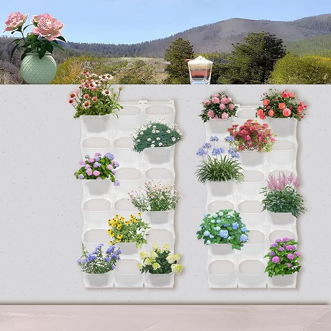 12Pieces 3-Pot Wall Planter Vertical Garden Plant Walls Wall Mounted Vertical Planter with Water-Storage Layer Stackable Wall-Mounted Flower Pot for Gardens, Balconies 180.78lbs Total Capacity (White)-HomvellaHome