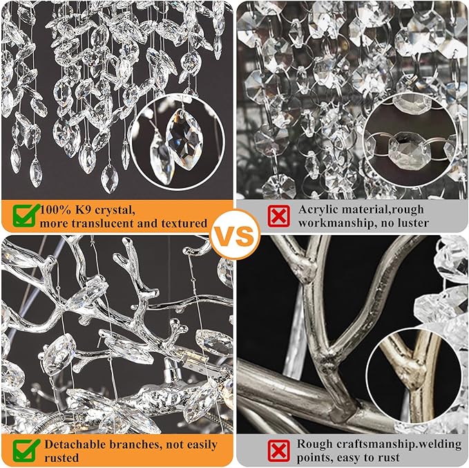 14-Light Modern Living Room Crystal Chandeliers,48" Round Silver Tree Branche Chandelier,Silver K9 Crystal Chandeliers for Dining Room,High Ceiling,Entryway、Foyer-HomvellaHome
