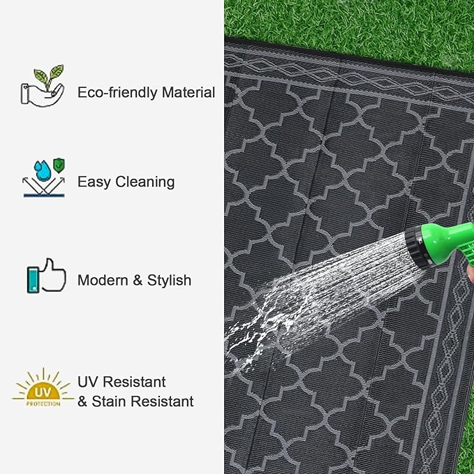 GAOMON Outdoor Rug Waterproof 8'x10', Reversible Outdoor Plastic Straw Rug, Boho Patio Rug, Indoor Outdoor Carpet, RV Mat Outside for Patio, Camp, Picnic, Balcony, Deck, Black/Grey(Geometric)-HomvellaHome