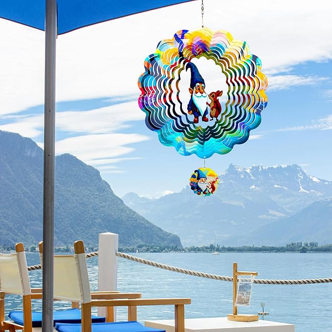 Gnomes Hanging Wind Spinners,12 Inch 3D Garden Spinner Kinetic Art Garden Decorations,Stainless Steel Reflective Wind Spinners for Yard-HomvellaHome