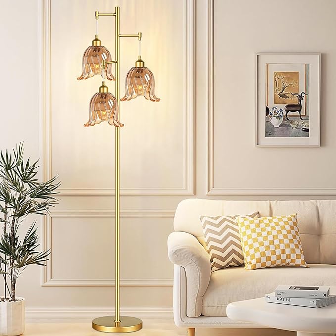 Gold Floor Lamp for Living Room,Bedroom,Tree 3 Light Standing Lamp Mid Century Modern Brass Tall Floor Lamps Vintage Retro Floor Lights Glass Flower Amber Lamp Shade Farmhouse Boho Bohemian-HomvellaHome
