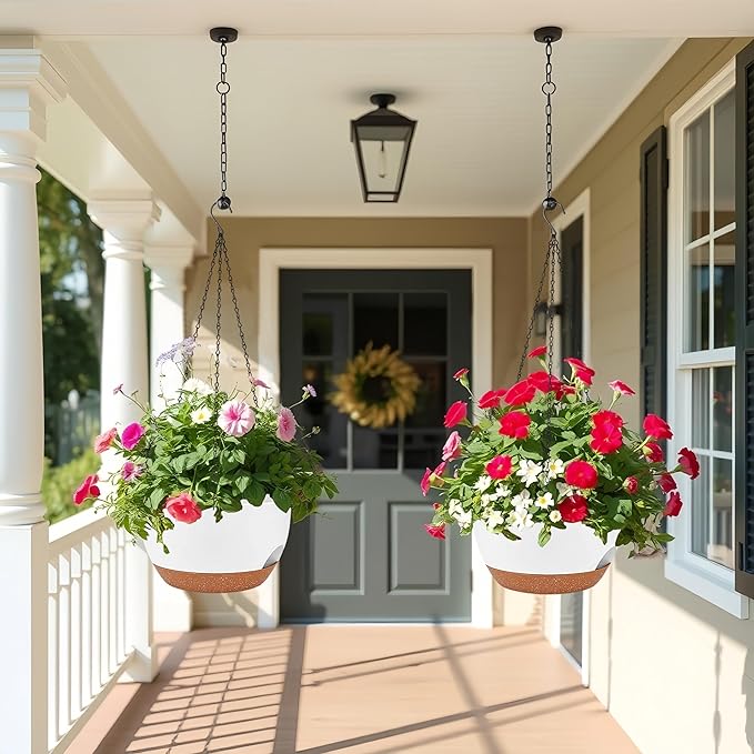 2 Pack 12 Inch Large Hanging Planters with Chains Self Watering White Brown Plastic Hanging Pots for Indoor Outdoor Plants, Garden Porch Home Decor,White Brown-HomvellaHome
