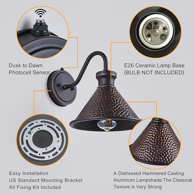 2 Pack Dusk to Dawn Outdoor Wall Light Fixtures Photocell Sensor, Exterior Sconce Light with Cast Hammered Aluminum Shade, Outside Wall Mount Lamp for House Patio Garage Entryway Doorway-HomvellaHome