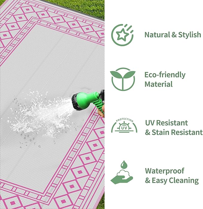GENIMO Outdoor Rug Waterproof 6'x9' for Patio, Foldable Reversible Plastic Straw Carpet for Travel Trailers, Outside Area Mat for Rv, Deck, Picnic, Porch, Camper, Balcony, Beach, Pink & Grey-HomvellaHome