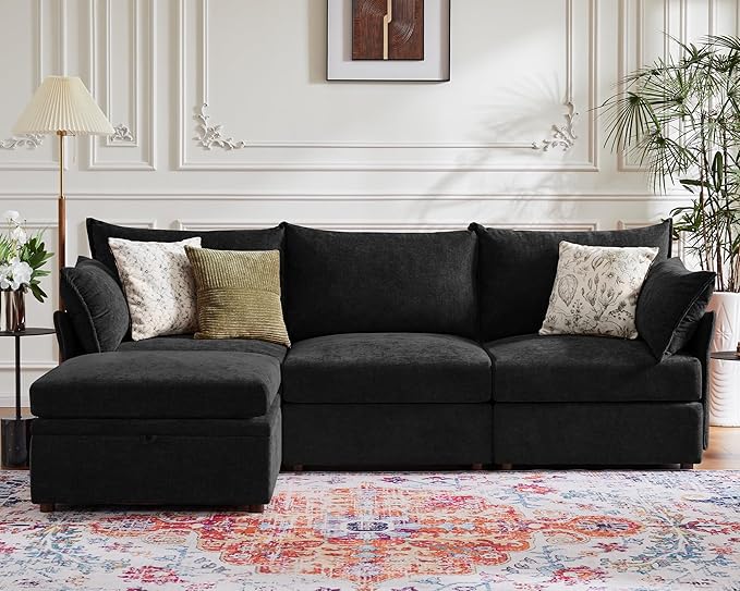 102.6" Modular Sectional Sofa, L Shaped Couch Set for Living Room, 3-Seater Comfy Cloud Couches with Movable Storage Ottoman,DIY Combination - Chenille Black-HomvellaHome