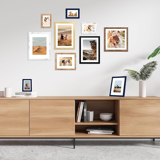 10x14 Picture Frame Set of 4, 10 x 14 Wood Photo Frames with Mat for 8x12 or 30x40cm Diamond Painting Art, Wooden Frame with Real Glass Cover for Wall and Tabletop Display,Brown-HomvellaHome