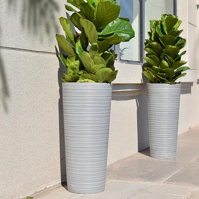 GreenShip 27" Tall Planters, Set of 2 – Black Outdoor Planter for Front Porch & Tall Plants, Weather-Resistant, with Drainage Hole & Rubber Plug (No Plants Included) (Light Gray)-HomvellaHome