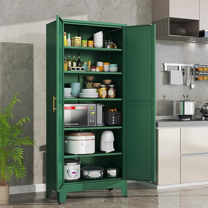 Green Metal Storage Cabinet,75" Steel Cabinets for Home Office, Kitchen Pantry Storage Cabinet with Doors and 5 Adjustable Shelves, Tool Cabinets, for Office, Home, Garage, School-HomvellaHome