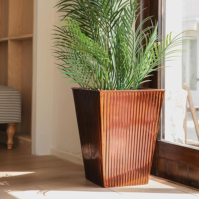 18in Vintage Handmade Metal Vertical Lines Copper Tapered Planters Set of 2, Galvanized Steel Planter Box with Drainage Hole for Indoor/Outdoor/Porch/Garden-HomvellaHome