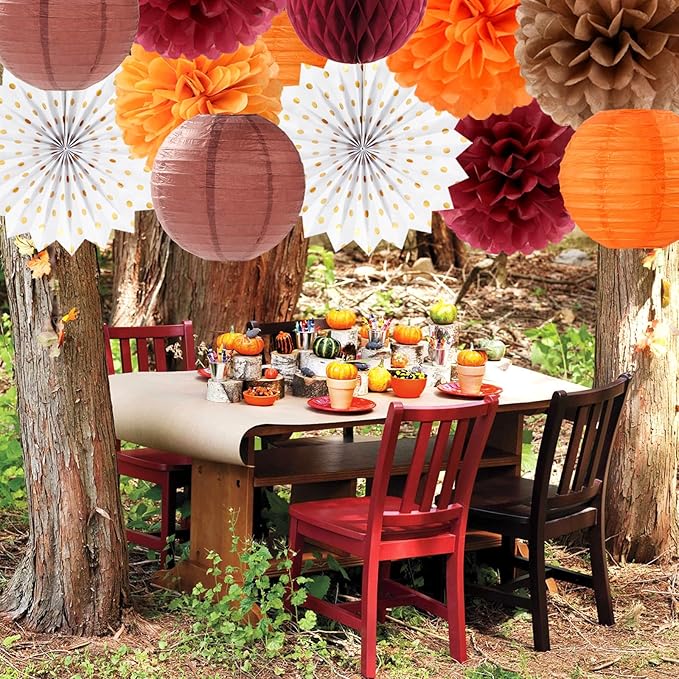 Fall Boho Baby-Shower Party-Decorations Streamers-Lanterns - 14pc Autumn Harvest Brown Orange Burgundy Paper Fan,Rustic Birthday Wedding Bridal Tissue Pom Poms,Honeycomb Balls,Engagement Decor Ouruola