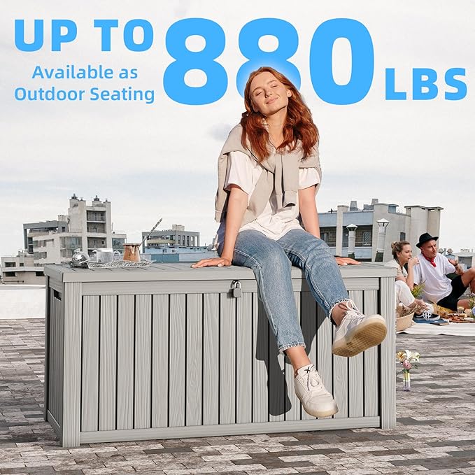 180 Gallon Deck Box,Resin Outdoor Storage Box with Lockable for Patio Furniture, Pool Accessories, Garden Tools Waterproof Outside Storage Box, Grey-HomvellaHome