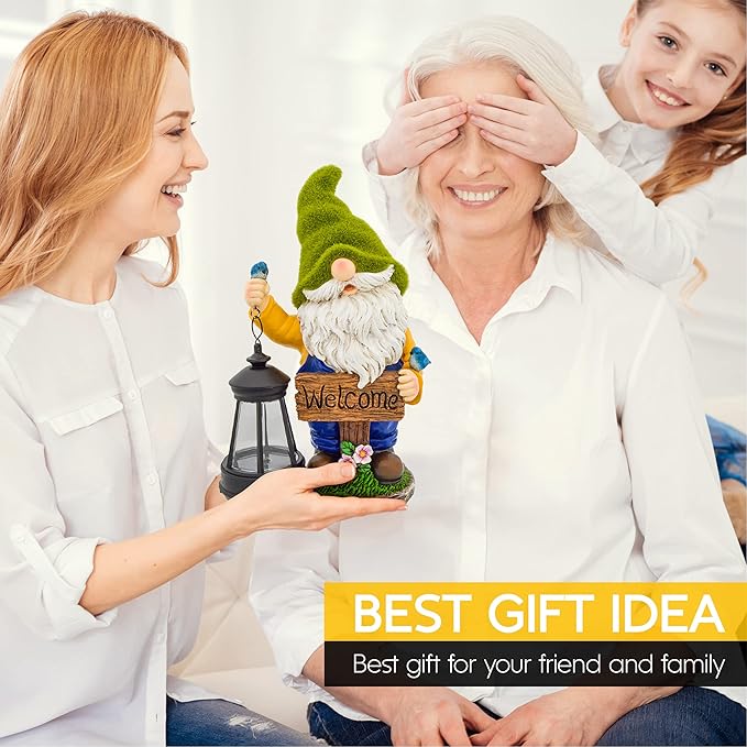 Garden Gnomes Outdoor - Flocked Gnome Statue Holding Lantern with Solar LED Lights | Gnomes Garden Decorations for Patio, Yard, Lawn Ornaments - Gnome Gifts-HomvellaHome