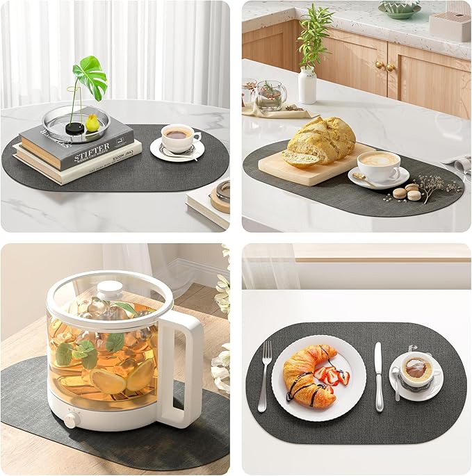 DOLOPL Large Placemats Set of 6, Oval Reversible Wipeable & Non-Slip Place Mats, Modern Faux Leather Table Mats for Kitchen, Neutral Tablemats for Dining Table Decor, Wedding, Party(Charcoal)