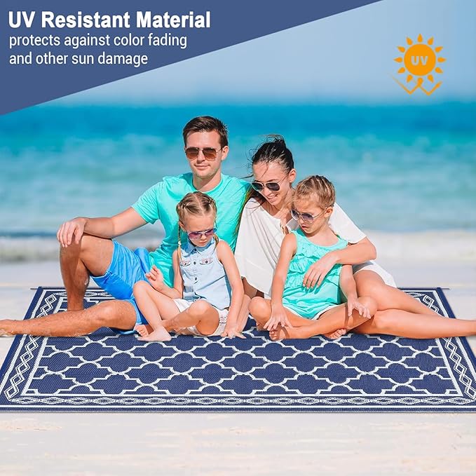 GAOMON Outdoor Rug 9'x12' Waterproof Rug for Patio Decor, Foldable Reversible Plastic Straw Area Rugs Mat for Camper, Outside Carpet for Deck, Porch, Picnic, Beach, Navy/White(Geometric)-HomvellaHome