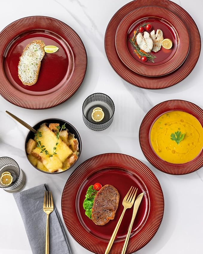 GBHOME Ceramic Dinnerware Sets,12 pcs Embossed Elegant Stoneware Plates and Bowls Sets, Housewarming Wedding Gift | Dishwasher & Microwave Safe | Dishes Set Service for 4-HomvellaHome