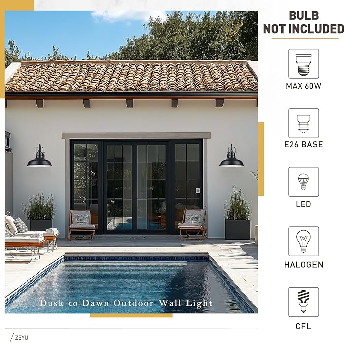 zeyu 2 Pack Dusk to Dawn Outdoor Wall Sconce, Gooseneck Barn Light Fixtures for Front Porch, Exterior Wall Mount Light in Matte Black Finish, 016-1BL-PC-2 BK-HomvellaHome