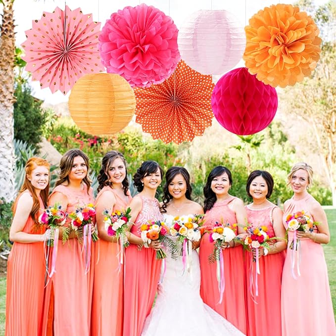 Hot-Pink Burnt-Orange Party-Decorations Streamers Lanterns - 14pcs Fall Birthday Baby Shower Paper Honeycomb Fan,Tissue Pom Poms, Autumn Thanksgiving Bridal Wedding Graduation Decor Ouruola