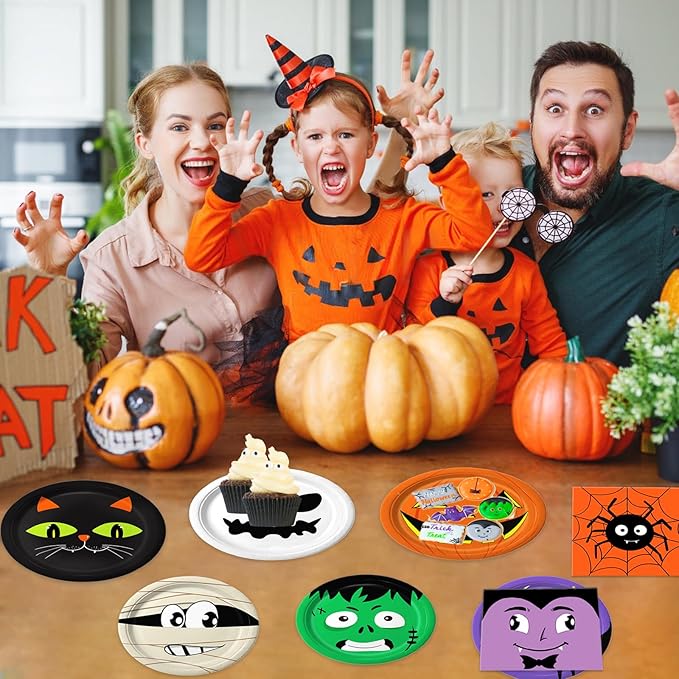 105PCS Halloween Paper Plates Ghosts Pumpkin Skull Spider Web Design for Halloween Party Decorations Supplies, Serves 30-HomvellaHome