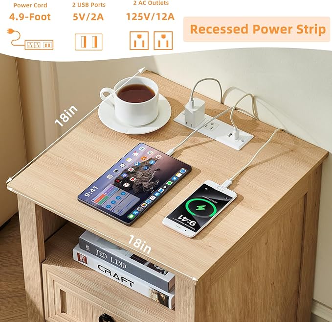 18" Farmhouse Night Stand with Charging Station, 2 Drawers Bedside End Table, Natural Wooden Nightstand, Bed Side Table Cabinet with Open Shelf for Bedroom Living Room Office-HomvellaHome