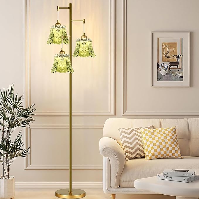 Gold Floor Lamp for Living Room,Bedroom,Tree 3 Light Standing Lamp Mid Century Modern Brass Tall Floor Lamps Vintage Retro Floor Lights Glass Green Flower Lamp Shade Farmhouse Boho Bohemian-HomvellaHome